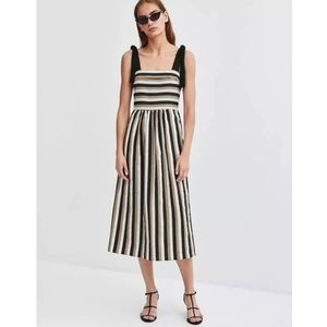 Zara Black White Brown Stripe Tie Strap Midi Dress